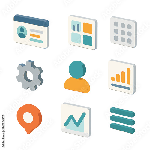 Personalized Dashboard Icons. Isometric Flat icon set of Personalized Dashboards: dashboard screen, widget panel, customizable