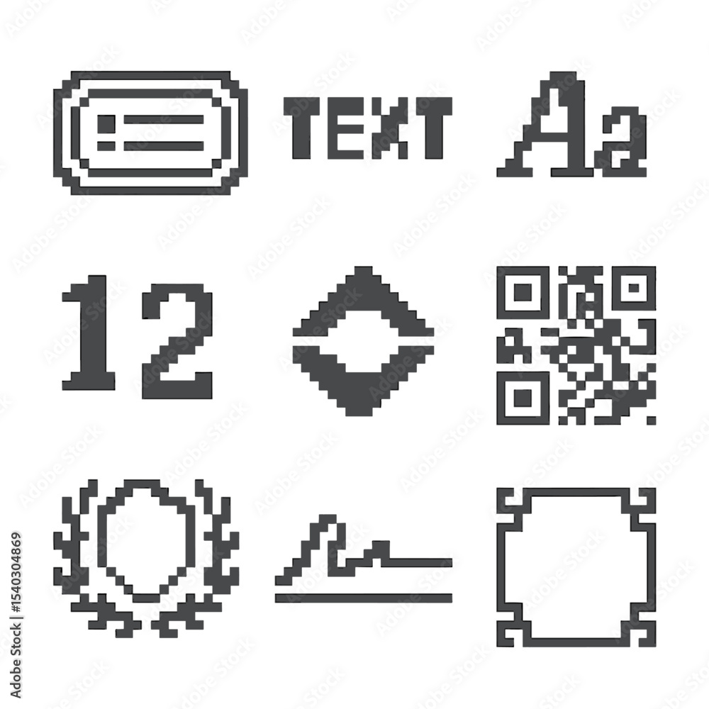 Pixel Art Icon Set. Pixel art icon set of inscription and labeling: date plaque, title text, font style, numbering, logo, QR code, Pixel Art Icon Set. Pixel art icon set of inscription and labeling: date plaque, title text, font style, numbering, logo, QR code,
