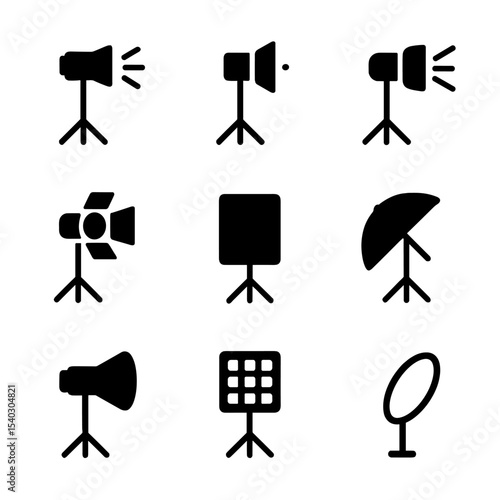 Photography Lighting Icons. Solid, Filled icon set of lighting setups in fashion photography: key light, fill light, backlight,