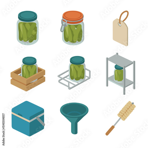 Pickle Jar Icons. Isometric Flat icon set of pickle jars and storage: mason jar, airtight lid, label tag, wooden crate,