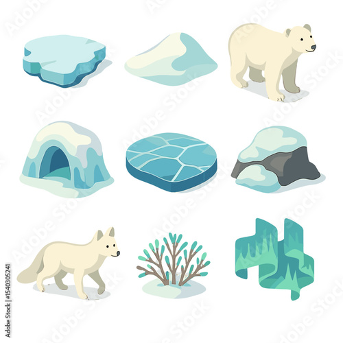 Polar Landscape Icons. Isometric Flat icon set of polar and tundra landscapes: ice floe, snowdrift, polar bear, ice cave, frozen