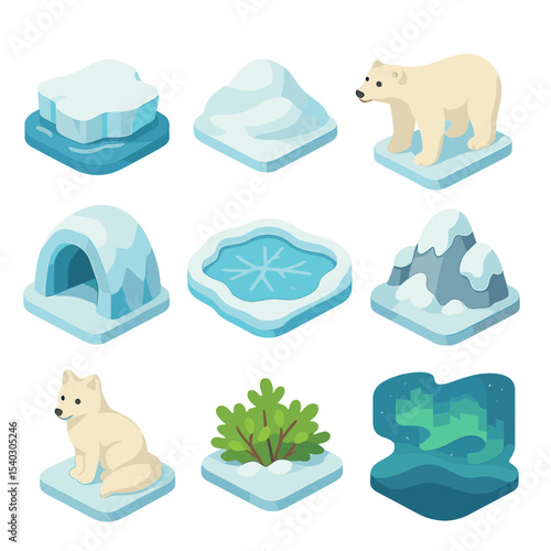 Polar Landscape Icons. Isometric Flat icon set of polar and tundra landscapes: ice floe, snowdrift, polar bear, ice cave, frozen