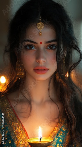 Portrait of an Indian Woman Holding a Diya Lamp with Soft Lighting
