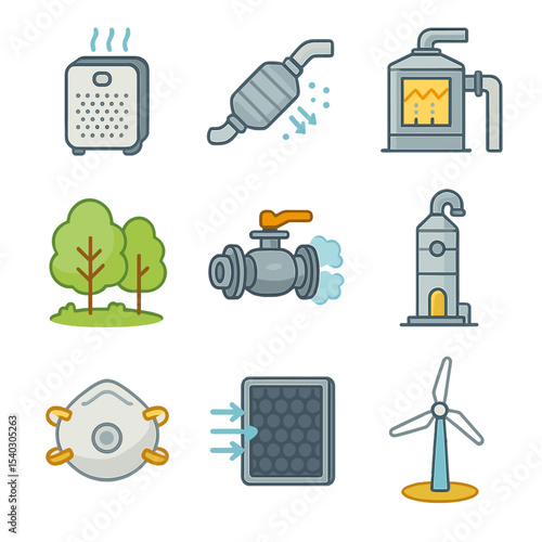 Pollution Control Icon Set. Isometric Flat icon set of pollution control measures: portable air purifier unit, catalytic converter