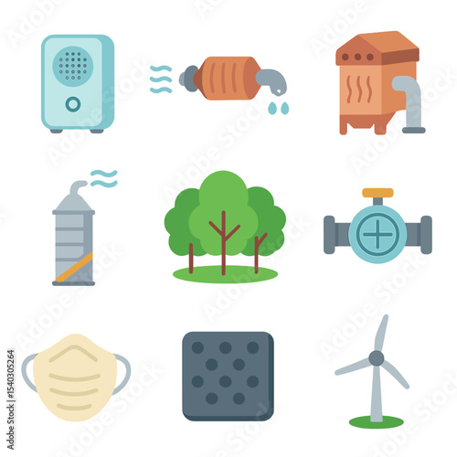 Pollution Control Icon Set. Isometric Flat icon set of pollution control measures: portable air purifier unit, catalytic converter