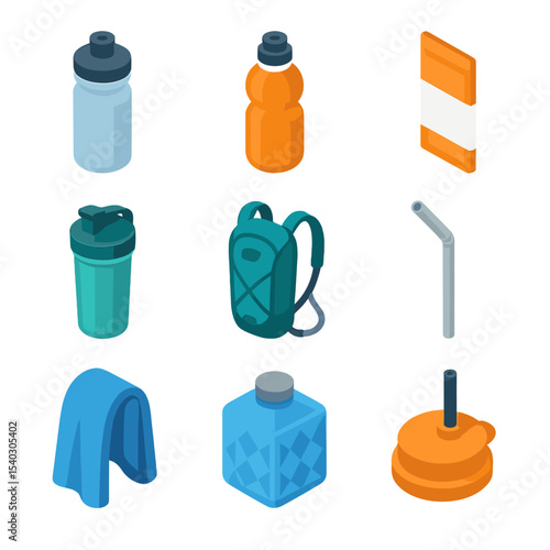 Pre-Workout Hydration Icons. Isometric Flat icon set of pre-workout hydration: water bottle, sports drink, electrolyte packet,