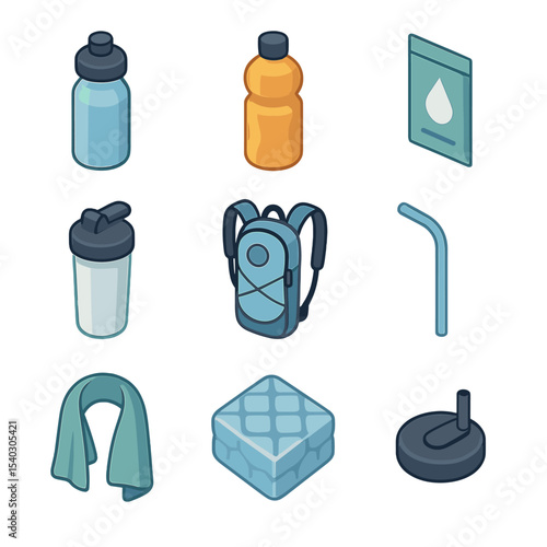 Pre-Workout Hydration Icons. Isometric Flat icon set of pre-workout hydration: water bottle, sports drink, electrolyte packet,