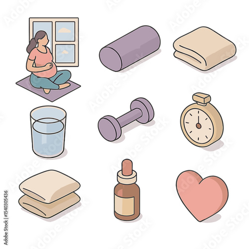 Prenatal Yoga Icons. Isometric Flat icon set of prenatal yoga by window: pregnancy belly icon, bolster cushion, soft blanket, cup