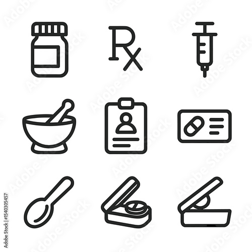 Prescription Icons Set. Outline icon set of prescription medications: pill bottle, prescription pad, Rx symbol, dosage syringe,