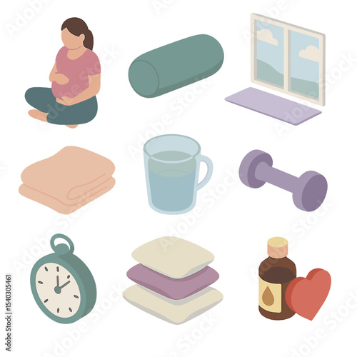 Prenatal Yoga Icons. Isometric Flat icon set of prenatal yoga by window: pregnancy belly icon, bolster cushion, soft blanket, cup