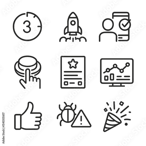 Product Launch Icons. Outline icon set of moment of truth in product launch: countdown timer, rocket takeoff, user test, launch