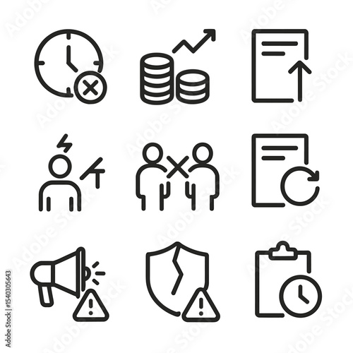 Project Risk Icons. Outline icon set of project failure risks: missed deadline, budget overrun, scope creep, resource shortage,
