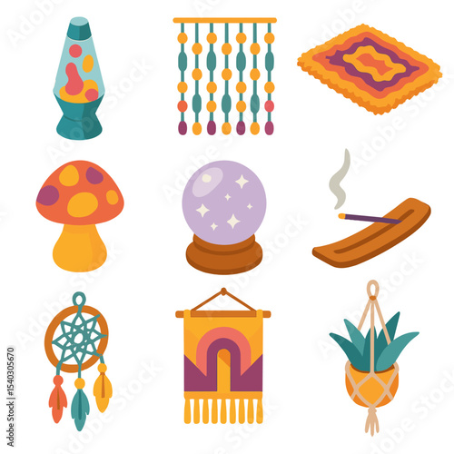 Psychedelic Icon Grid. Isometric Flat icon set of Psychedelic Decorative Objects: lava lamp, bead curtain, shag rug, mood lamp,