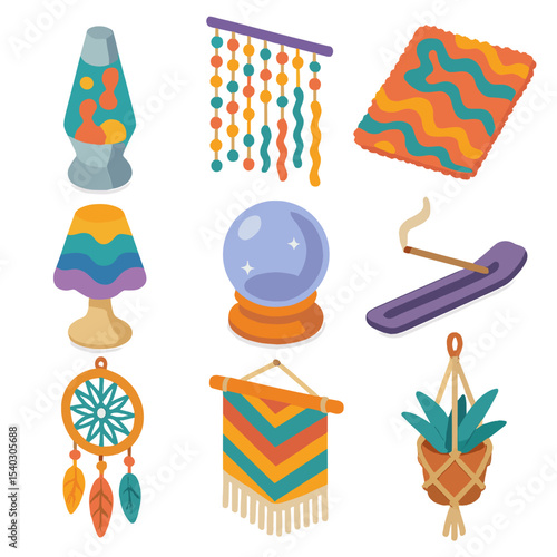 Psychedelic Icon Grid. Isometric Flat icon set of Psychedelic Decorative Objects: lava lamp, bead curtain, shag rug, mood lamp,