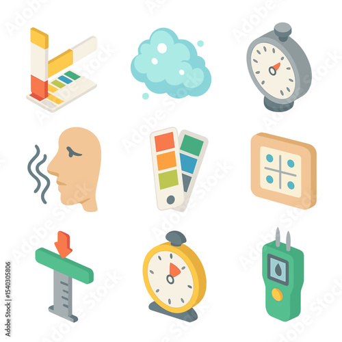 Quality Testing Icons. Isometric Flat icon set of quality testing: pH test strip, lather foam, hardness gauge, scent sniffing,