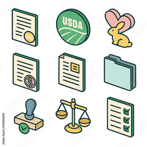 Regulatory Compliance Icons. Isometric Flat icon set of regulatory compliance and certification: GMP certificate document, USDA