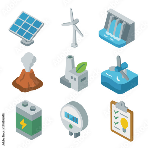 Renewable Energy Icons. Isometric Flat icon set of renewable energy sources: solar panel, wind turbine, hydroelectric dam,