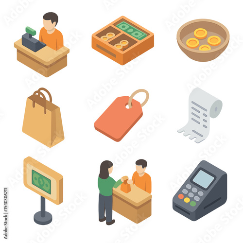 Retail Icon Set. Isometric Flat icon set of cash-based retail storefront: merchant counter, cash tray, coin change bowl, shopping