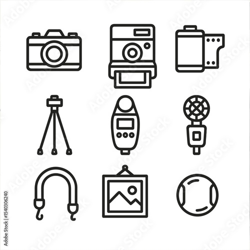 Retro Photography Icons. Outline icon set of retro photography gear: film camera, instant Polaroid, film roll, tripod, light meter