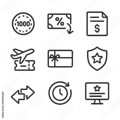 Rewards Icon Set. Outline icon set of rewards and redemption options: points counter, cashback percentage, statement credit,