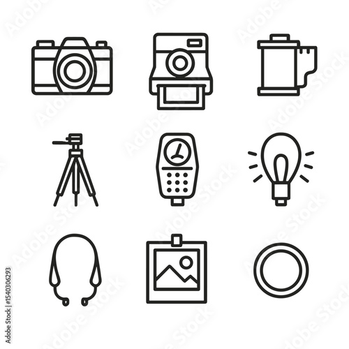 Retro Photography Icons. Outline icon set of retro photography gear: film camera, instant Polaroid, film roll, tripod, light meter