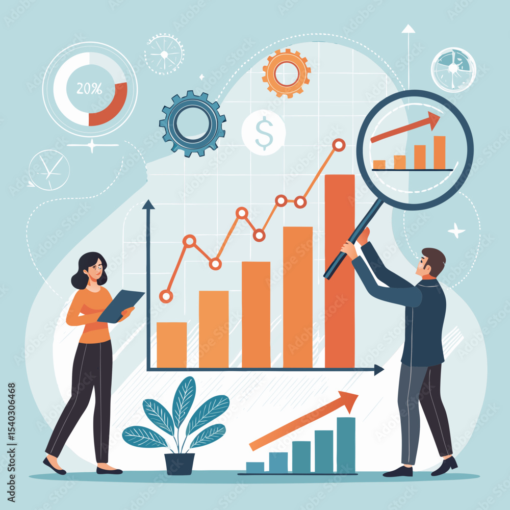 Business team analyzing financial data and growth with bar charts and graphs, illustrated in a modern flat vector style. Business team analyzing financial data and growth with bar charts and graphs, illustrated in a modern flat vector style.