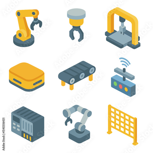 Robotics Integration Icons. Isometric Flat icon set of robotics integration in manufacturing: robotic arm, end effector,