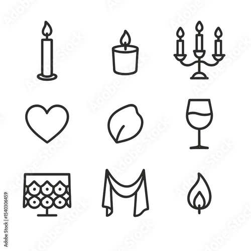 Romantic Ambiance Icons. Outline icon set of romantic ambiance: taper candle, votive, candelabra, heart shape, rose petal, wine