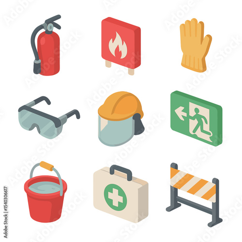 Safety Equipment Icons. Isometric Flat icon set of safety and protection: fire extinguisher, fire blanket, heat-resistant gloves,