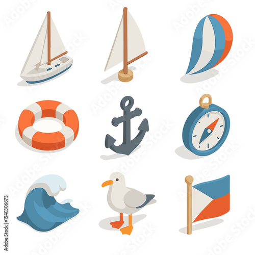 Sailing Icon Collection. Isometric Flat icon set of sailing and marine breezes: yacht, mast, spinnaker sail, lifebuoy, anchor,
