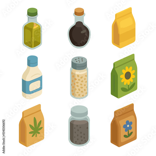 Salad Dressing Icons. Isometric Flat icon set of salad dressings and toppings: olive oil bottle, balsamic vinegar jar, honey