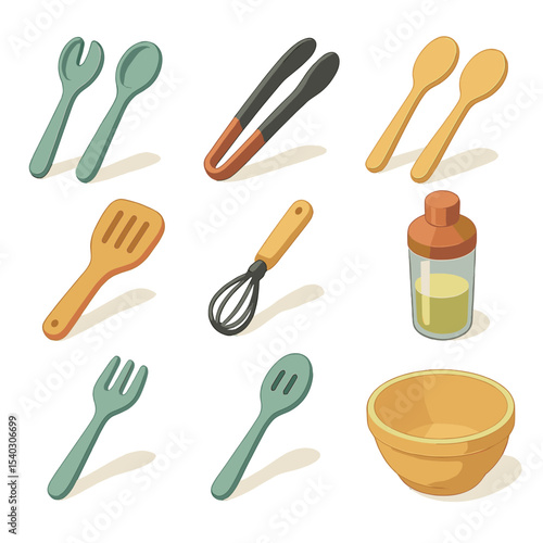 Isometric Salad Utensils Icons. Isometric Flat icon set of salad utensils: salad servers, tongs, fork and spoon, wooden spatula,