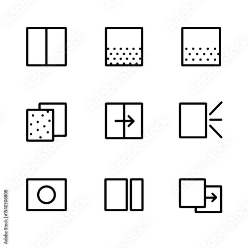 Scene Transition Icons. Outline icon set of scene transitions: CUT icon, FADE IN, FADE OUT, DISSOLVE, WIPE, SMASH CUT, IRIS, MATCH