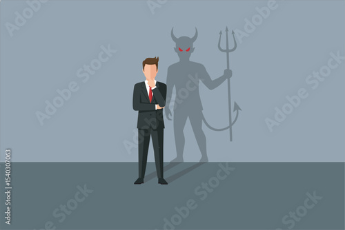 Businessman with devil shadow holding trident, symbolizing inner conflict and moral temptation. Vector illustration.