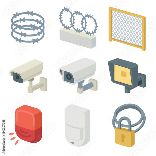 Security Enhancement Icons. Isometric Flat icon set of security enhancements and deterrents: barbed wire coil, razor wire panel,