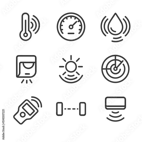 Sensor Detection Icons. Outline icon set of sensor detection zones: temperature gauge, pressure dial, humidity droplet, motion