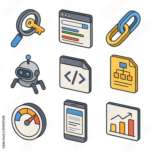 SEO Isometric Icon Grid. Isometric Flat icon set of SEO optimization: keyword research, SERP result, backlink chain, crawler bot,