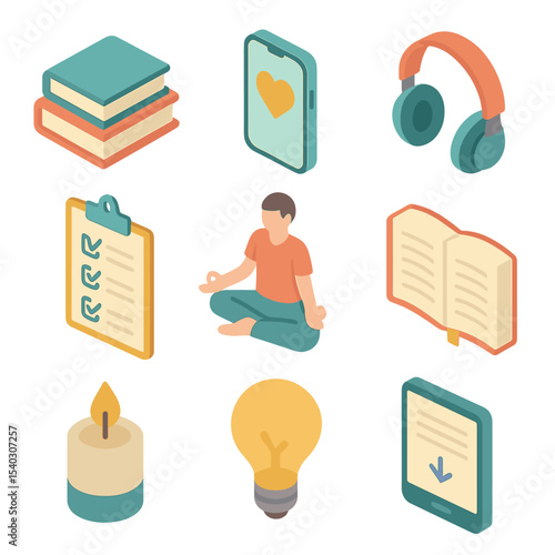 Self-Help Icon Set. Isometric Flat icon set of self-help resources: book stack, smartphone, headset, checklist, journal,