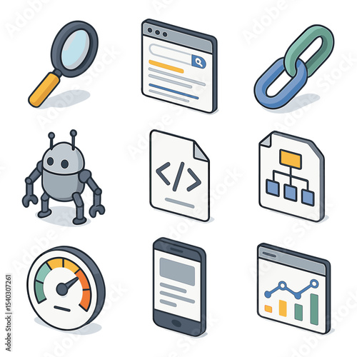 SEO Isometric Icon Grid. Isometric Flat icon set of SEO optimization: keyword research, SERP result, backlink chain, crawler bot,