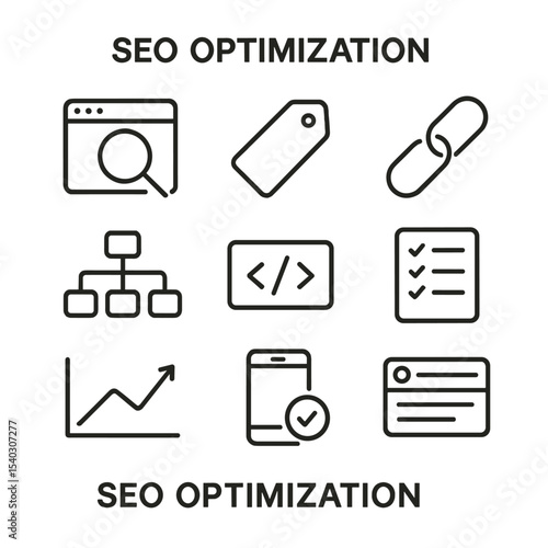 SEO Icon Set. Outline icon set of SEO optimization: magnifying glass on webpage, keyword tag, backlink chain, sitemap, meta tag,