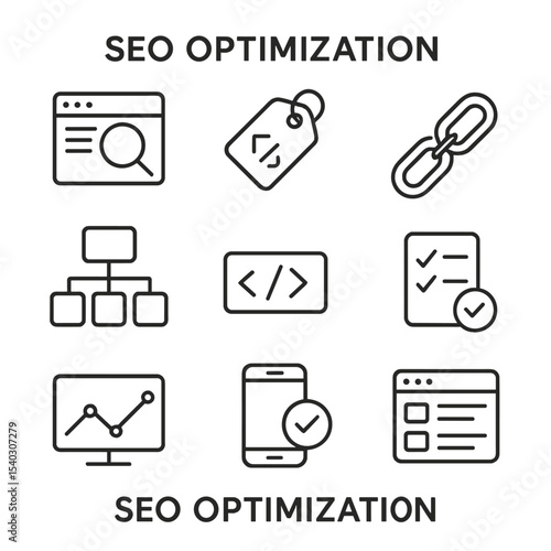 SEO Icon Set. Outline icon set of SEO optimization: magnifying glass on webpage, keyword tag, backlink chain, sitemap, meta tag,