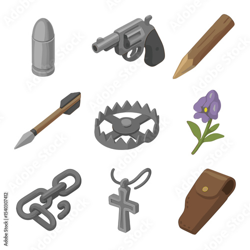 Silver Bullet Icon Set. Isometric Flat icon set of silver bullet threat: silver bullet, loaded revolver, wooden stake, crossbow