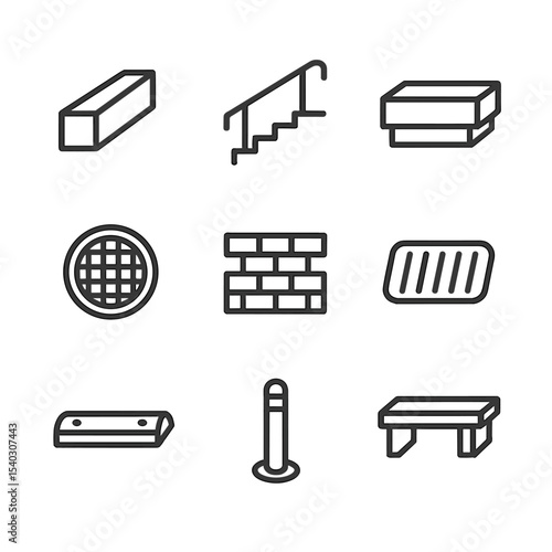 Skateboarding Obstacle Icons. Outline icon set of street obstacles for skateboarding in the city: curb edge, stair rail, ledge