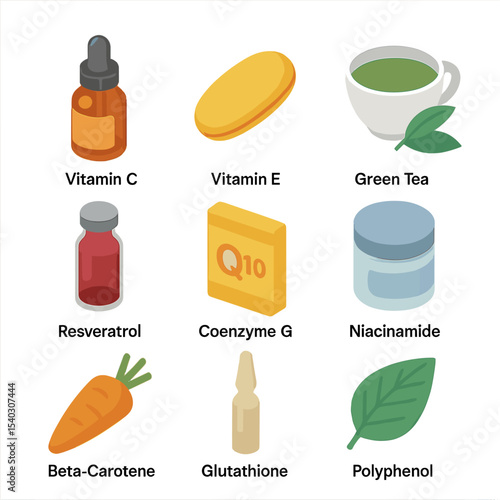 Skin Protection Icons. Isometric Flat icon set of Antioxidants in Skin Protection: vitamin C serum bottle, vitamin E capsule,