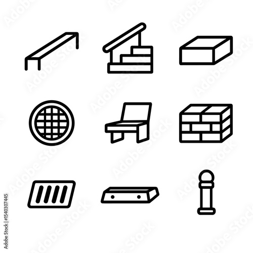 Skateboarding Obstacle Icons. Outline icon set of street obstacles for skateboarding in the city: curb edge, stair rail, ledge