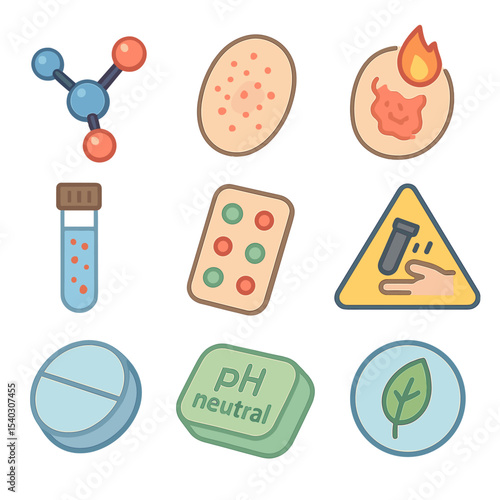 Skin Allergy Icons. Isometric Flat icon set of Skin Sensitivities and Allergies: histamine molecule, rash patch illustration,