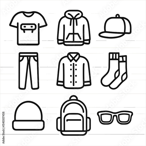 Skate Apparel Icons. Outline icon set of skate apparel and accessories: graphic tee, hoodie jacket, snapback cap, skinny jeans,