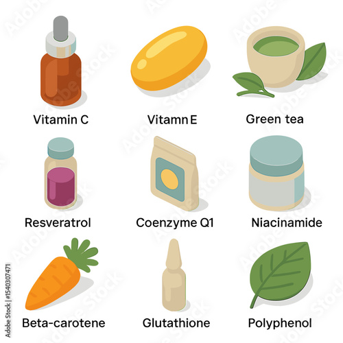Skin Protection Icons. Isometric Flat icon set of Antioxidants in Skin Protection: vitamin C serum bottle, vitamin E capsule,