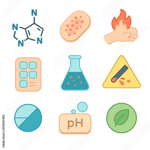 Skin Allergy Icons. Isometric Flat icon set of Skin Sensitivities and Allergies: histamine molecule, rash patch illustration,