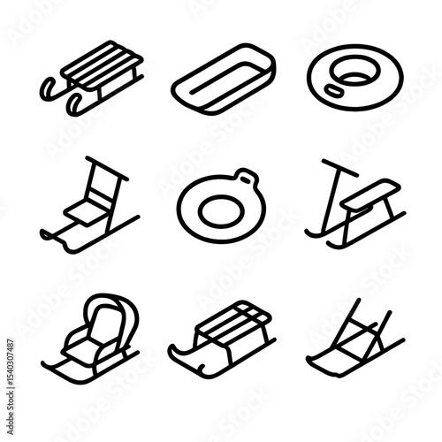 Sled Icon Set. Outline icon set of sled types and equipment: traditional wooden sled, plastic toboggan, inflatable tube, kicksled,